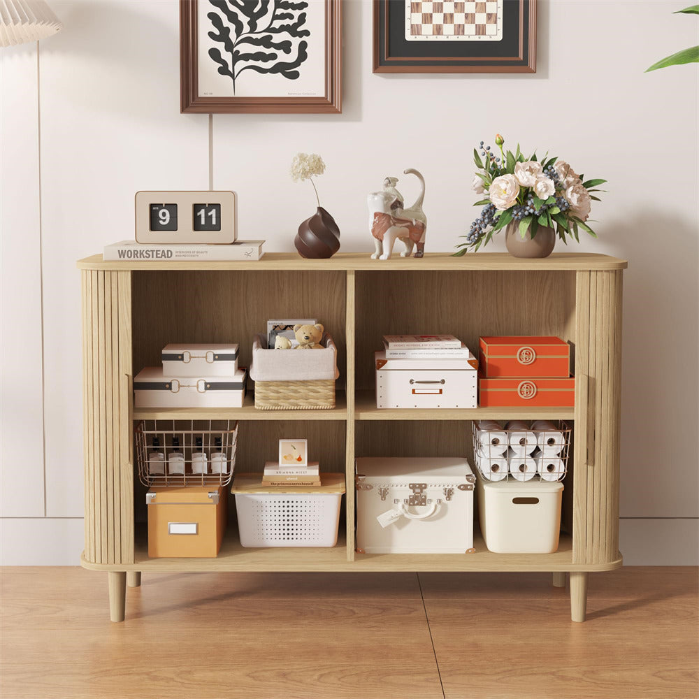 Natural Modern Wooden Sideboard Storage Cabinet with 2 Sliding Doors and Handles