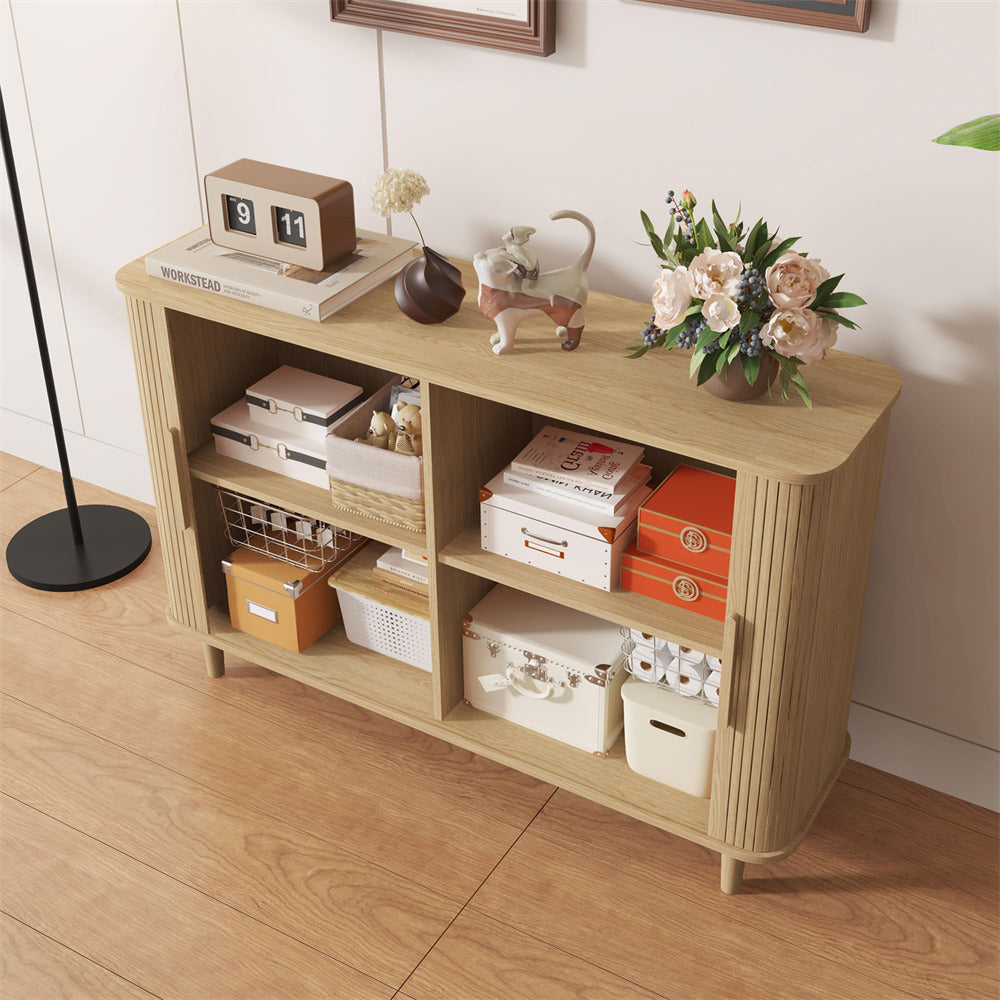 Natural Modern Wooden Sideboard Storage Cabinet with 2 Sliding Doors and Handles