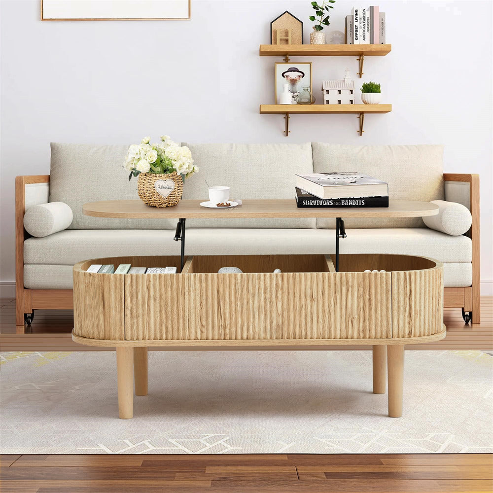 Natural Oval Fluted Wooden Lift Top Coffee Table with Hidden Compartment