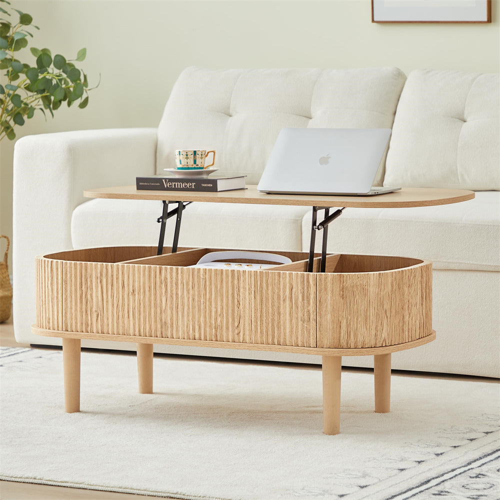 Natural Oval Fluted Wooden Lift Top Coffee Table with Hidden Compartment