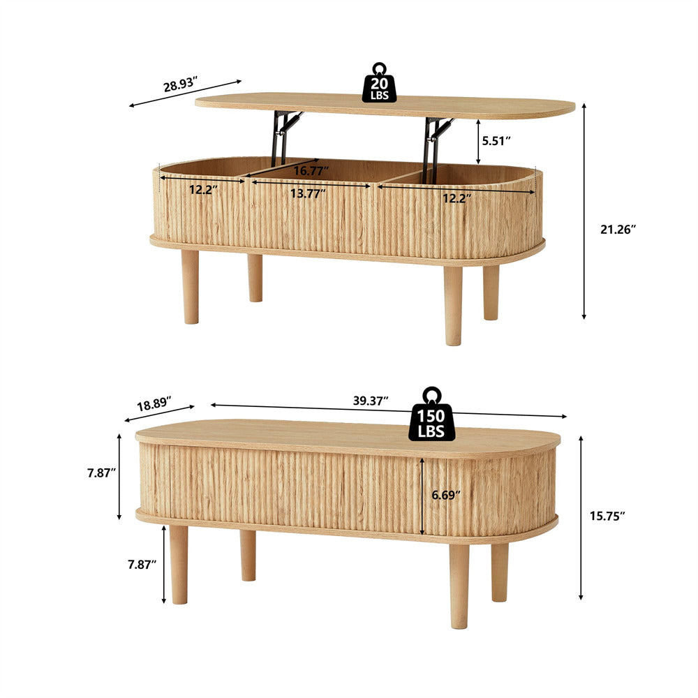 Natural Oval Fluted Wooden Lift Top Coffee Table with Hidden Compartment