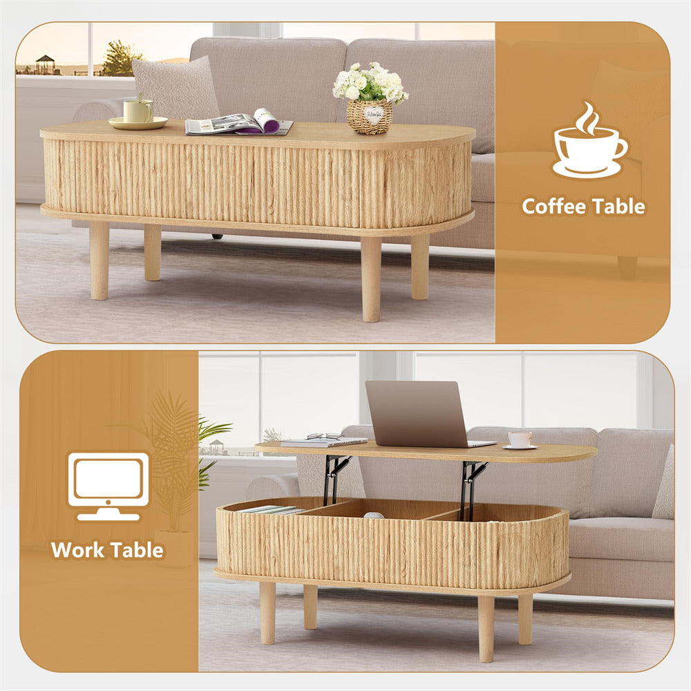 Natural Oval Fluted Wooden Lift Top Coffee Table with Hidden Compartment