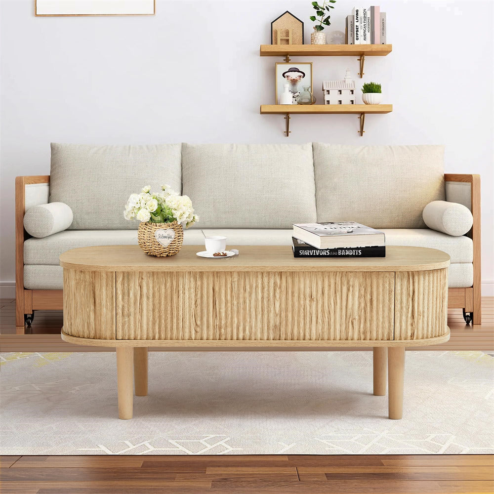 Natural Oval Fluted Wooden Lift Top Coffee Table with Hidden Compartment