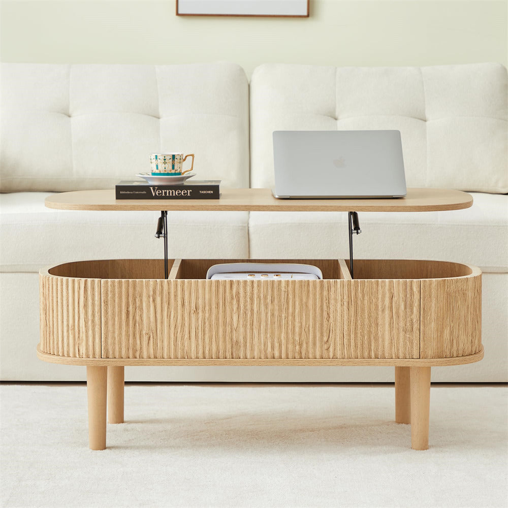 Natural Oval Fluted Wooden Lift Top Coffee Table with Hidden Compartment