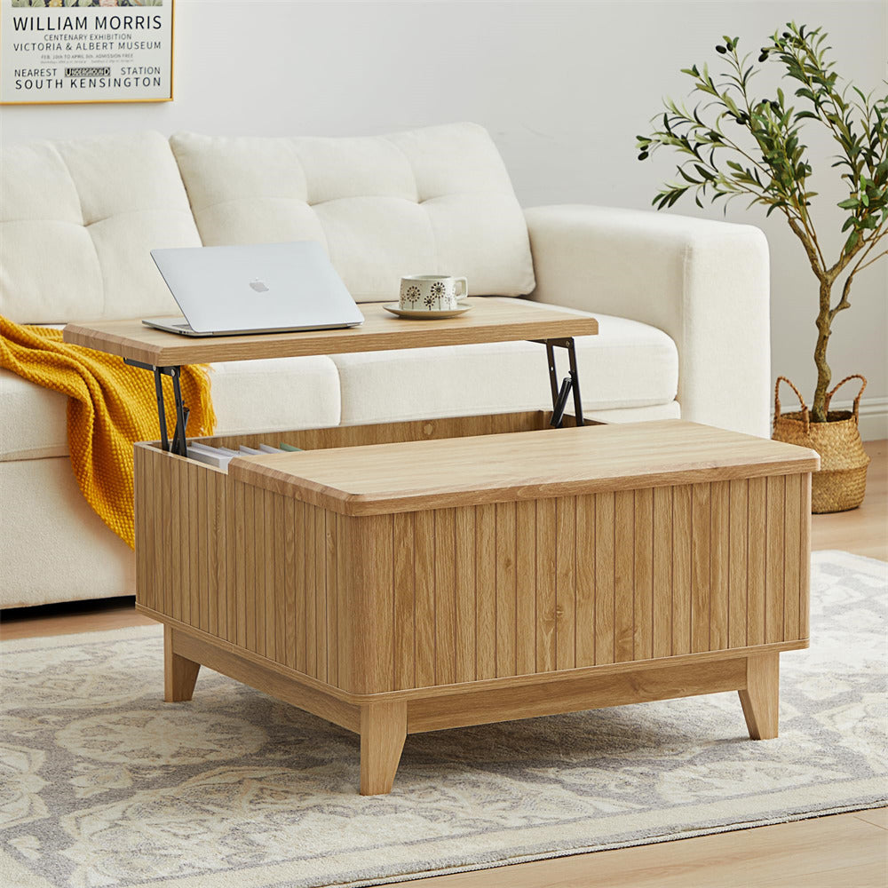 Natural Square Wood Lift Top Coffee Table with Hidden Storage Compartment