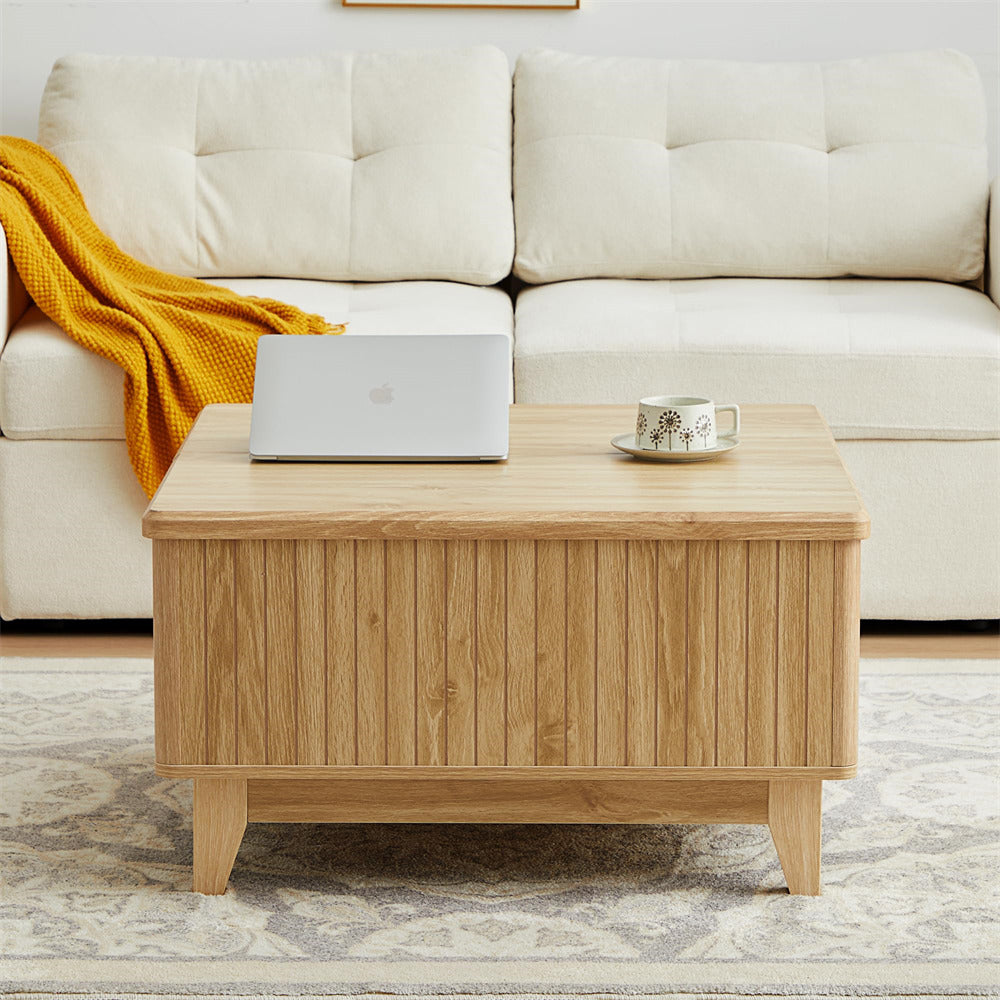 Natural Square Wood Lift Top Coffee Table with Hidden Storage Compartment