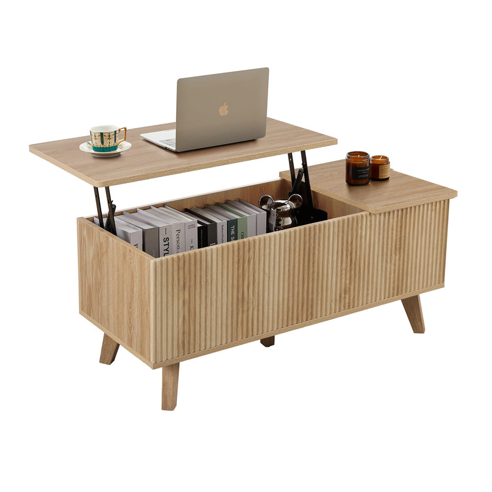 Natural Wooden Fluted Lift Top Coffee Table with Hidden Compartment