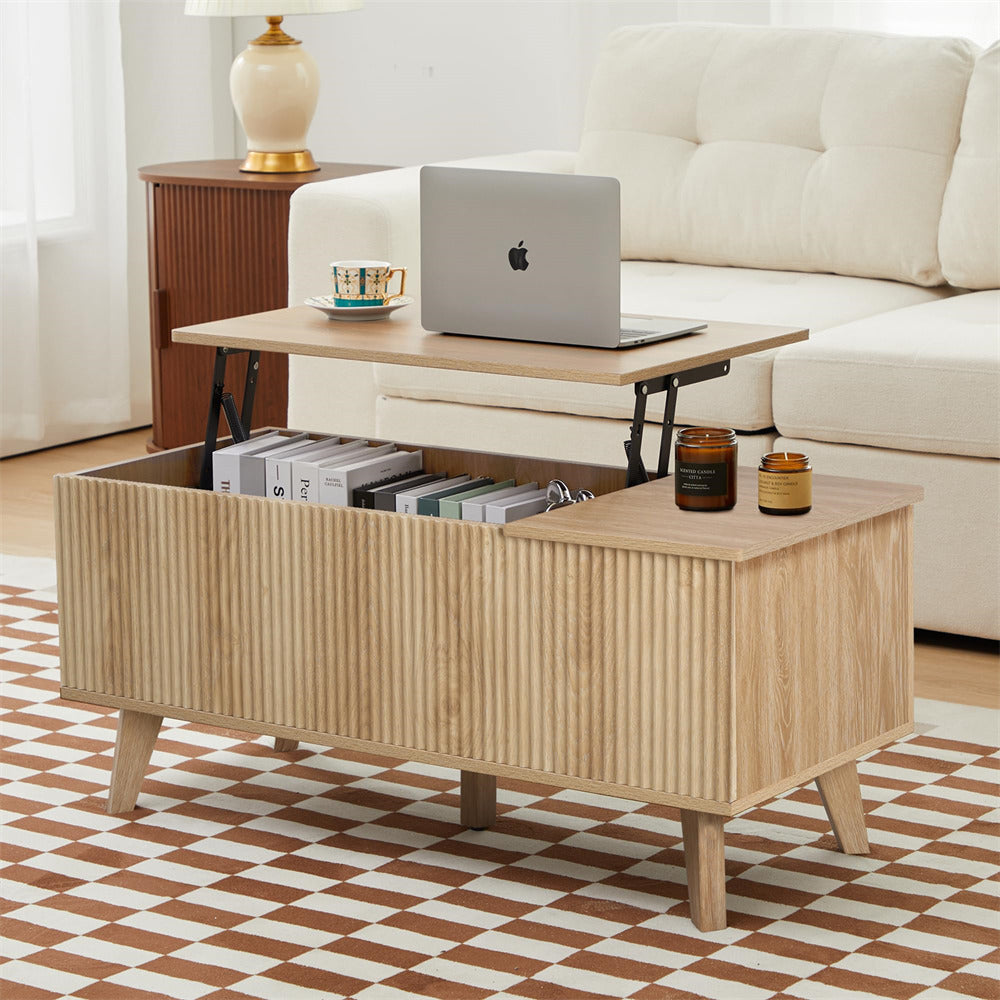 Natural Wooden Fluted Lift Top Coffee Table with Hidden Compartment