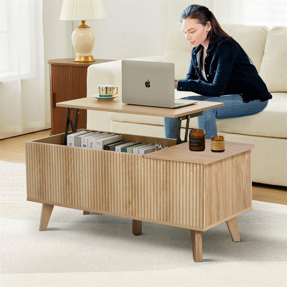 Natural Wooden Fluted Lift Top Coffee Table with Hidden Compartment