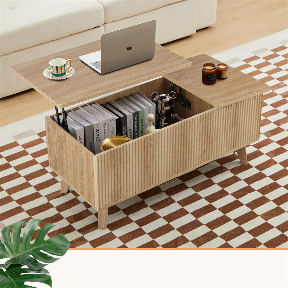 Natural Wooden Fluted Lift Top Coffee Table with Hidden Compartment