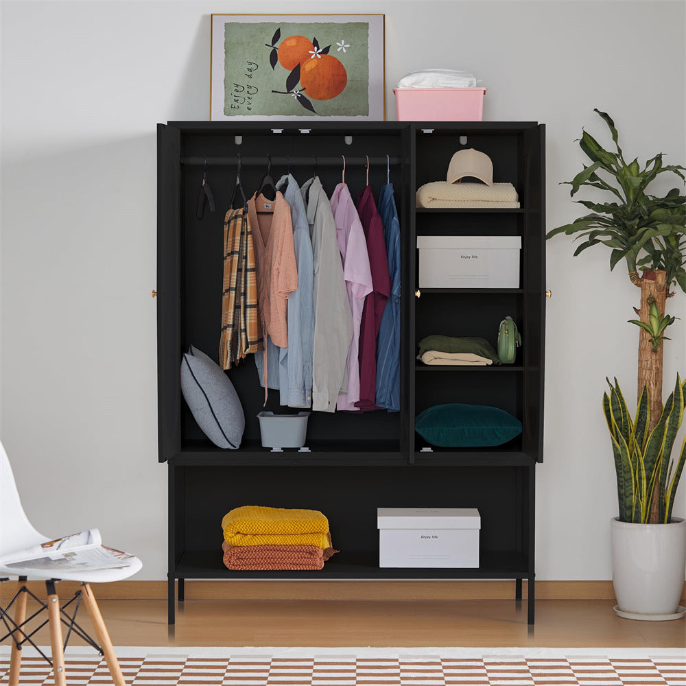 Rattan Freestanding Wardrobe Storage Cabinet Black with 3 Doors