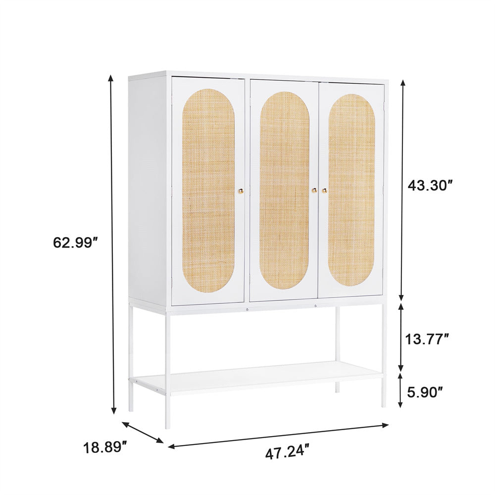 Rattan Freestanding Wardrobe Storage Cabinet White with 3 Doors