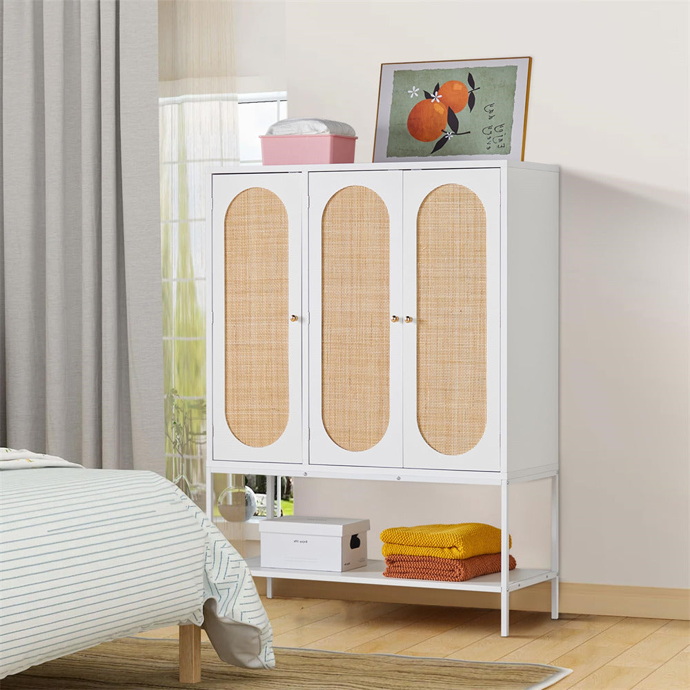 Rattan Freestanding Wardrobe Storage Cabinet White with 3 Doors