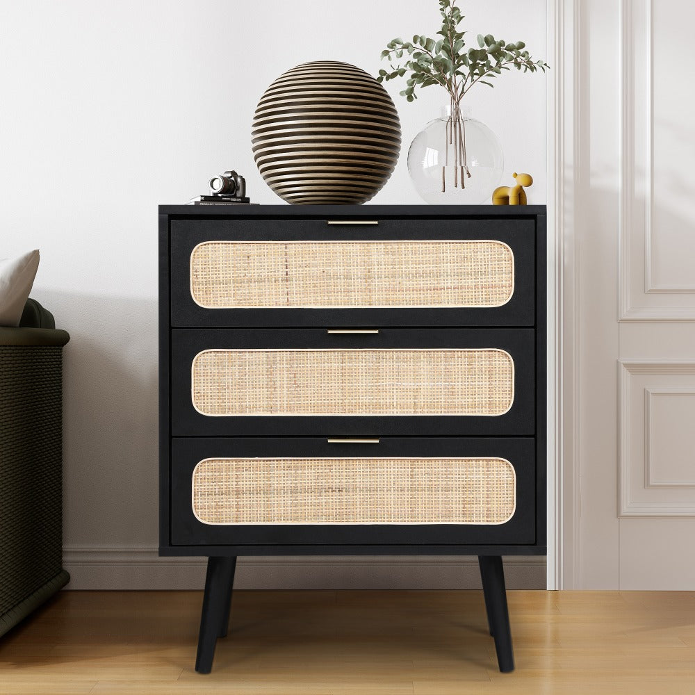 Rattan Nightstand Dresser Table Black with 3 Drawers