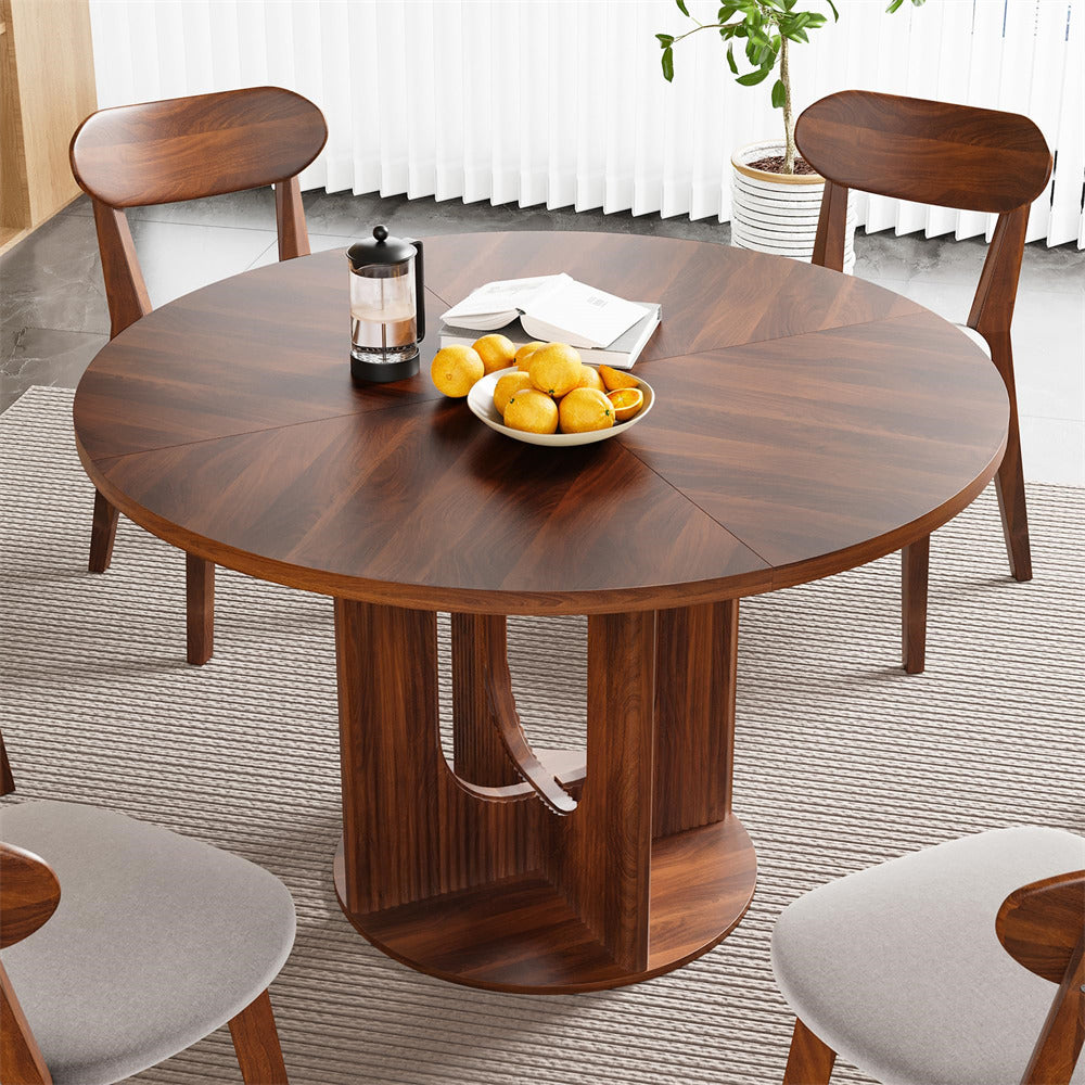 Walnut 47 Inch Farmhouse Round Fluted Dining Table Circle Kitchen Table with Wooden Pedestal Base