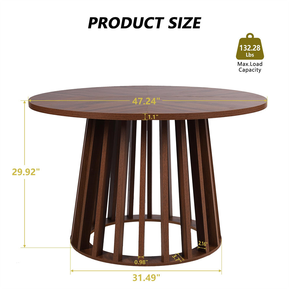 Walnut 47 Inch Rustic Round Dining Table Farmhouse Kitchen Table with Wood Strip Base