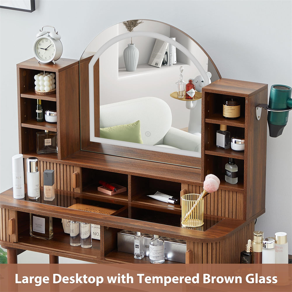 Walnut 47" Modern Makeup Vanity Glass Tabletop with Fluted Sliding Doors and Charging Station