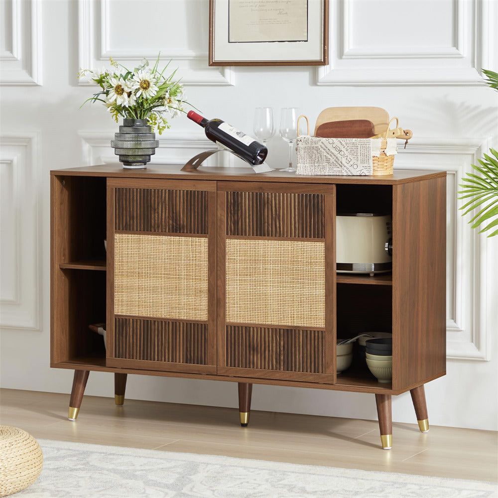 Walnut 47" Rattan Kitchen Storage Cabinet Sideboard Buffet with 2 Slide Doors and 4 Drawers