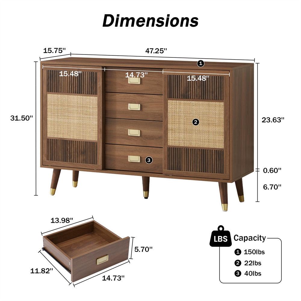 Walnut 47" Rattan Kitchen Storage Cabinet Sideboard Buffet with 2 Slide Doors and 4 Drawers