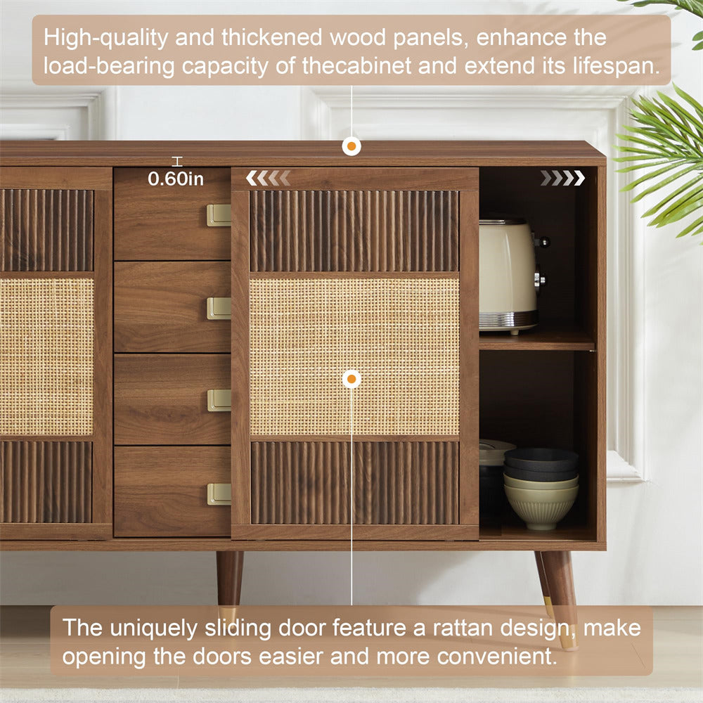 Walnut 47" Rattan Kitchen Storage Cabinet Sideboard Buffet with 2 Slide Doors and 4 Drawers