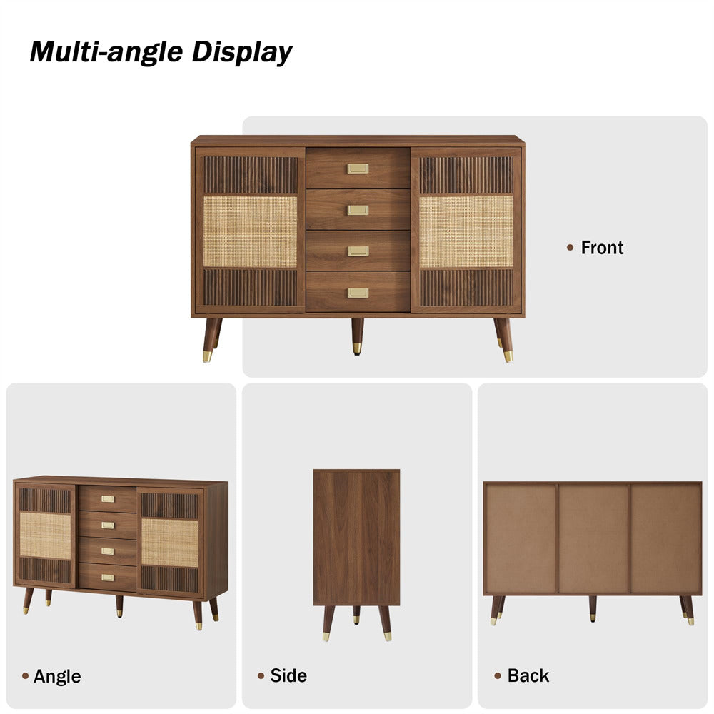 Walnut 47" Rattan Kitchen Storage Cabinet Sideboard Buffet with 2 Slide Doors and 4 Drawers