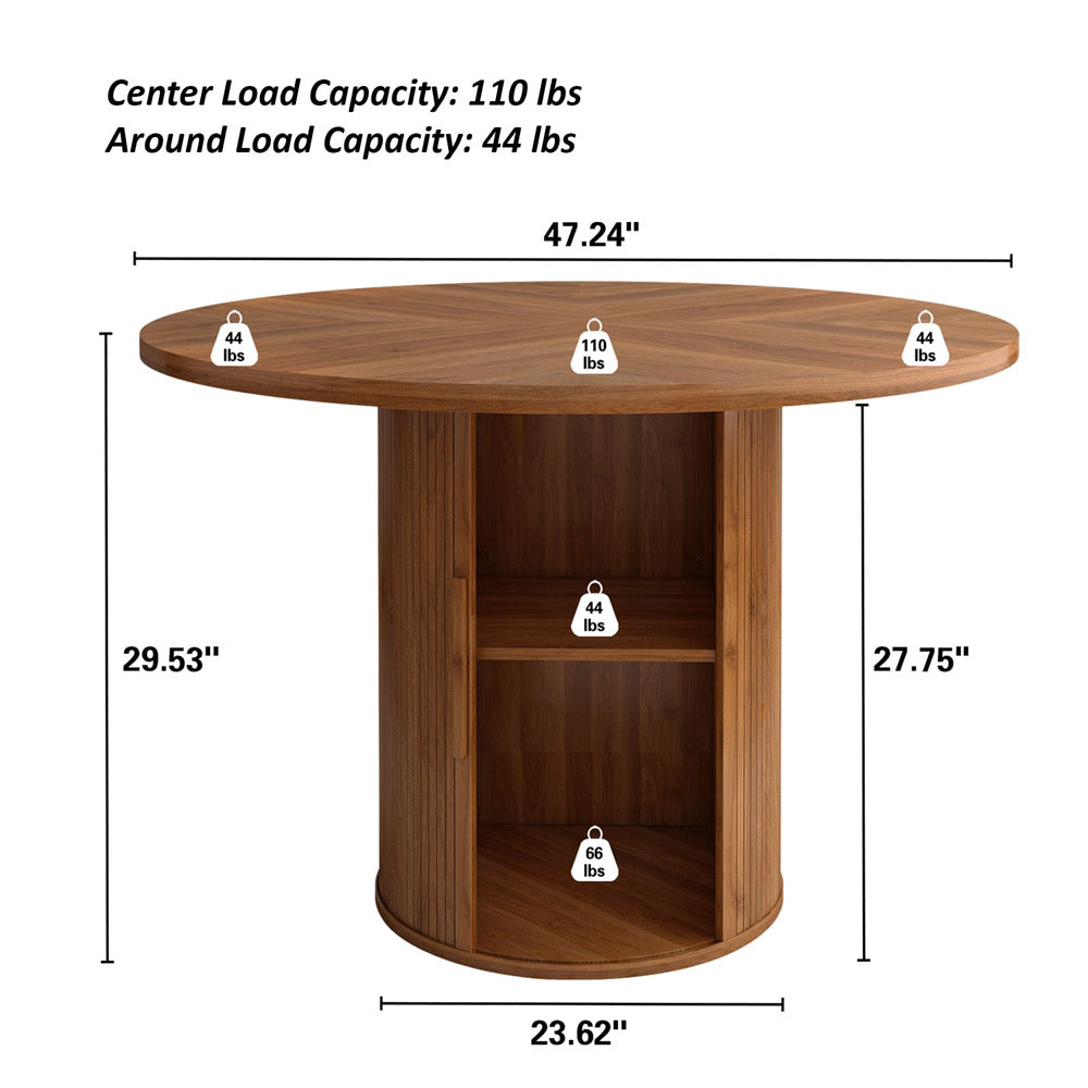 Walnut 47 inch Round Kitchen Dining Table for 4 with 2-Layer Storage Shelf and Wood Slide Door