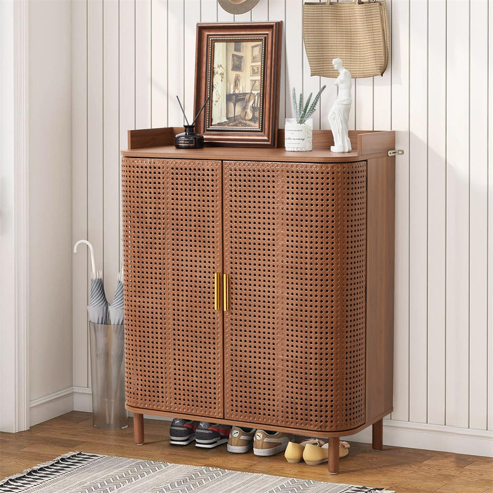 Walnut 5 Tier Boho Wooden Shoe Cabinet Storage Organizer with Adjustable Shelves and Iron Rattan Curved Doors