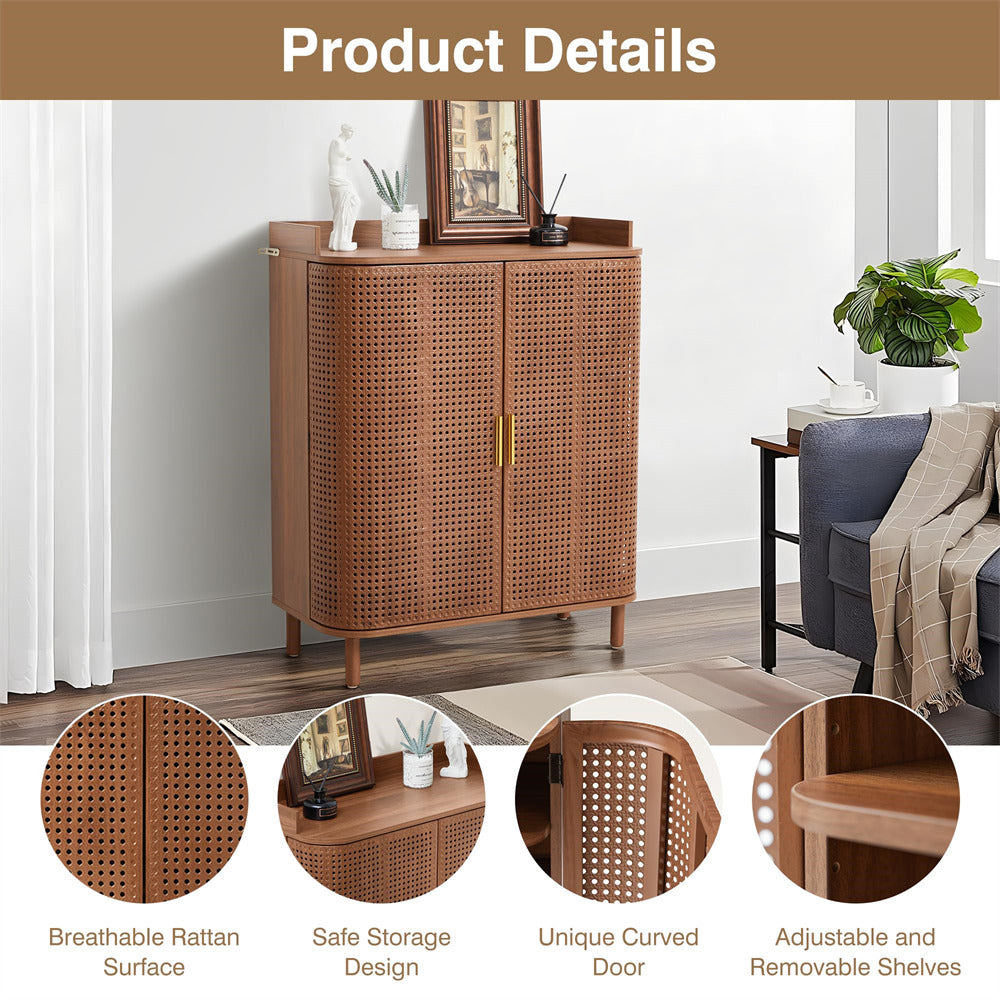 Walnut 5 Tier Boho Wooden Shoe Cabinet Storage Organizer with Adjustable Shelves and Iron Rattan Curved Doors