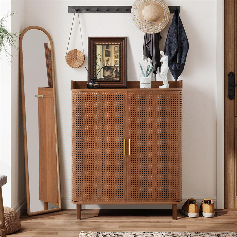 Walnut 5 Tier Boho Wooden Shoe Cabinet Storage Organizer with Adjustable Shelves and Iron Rattan Curved Doors