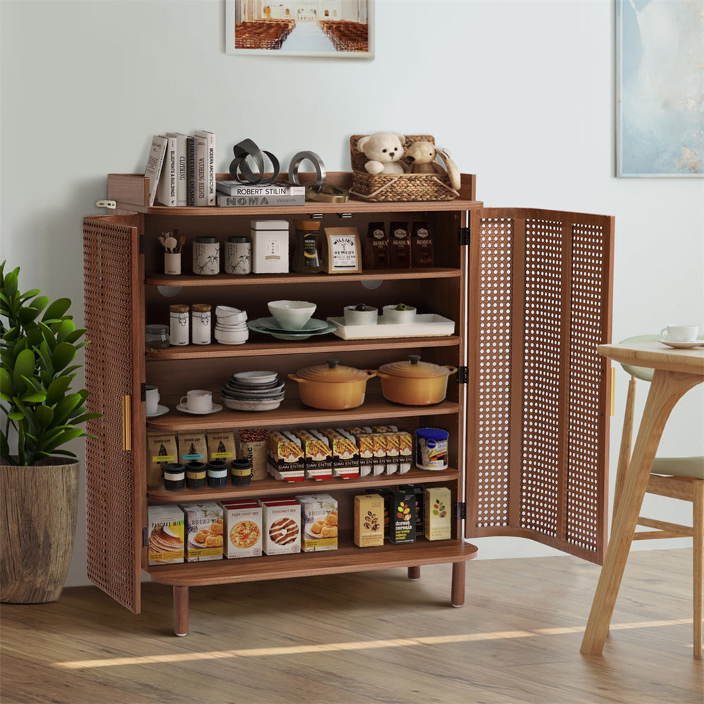 Walnut 5 Tier Boho Wooden Shoe Cabinet Storage Organizer with Adjustable Shelves and Iron Rattan Curved Doors