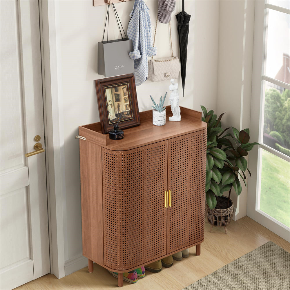 Walnut 5 Tier Boho Wooden Shoe Cabinet Storage Organizer with Adjustable Shelves and Iron Rattan Curved Doors