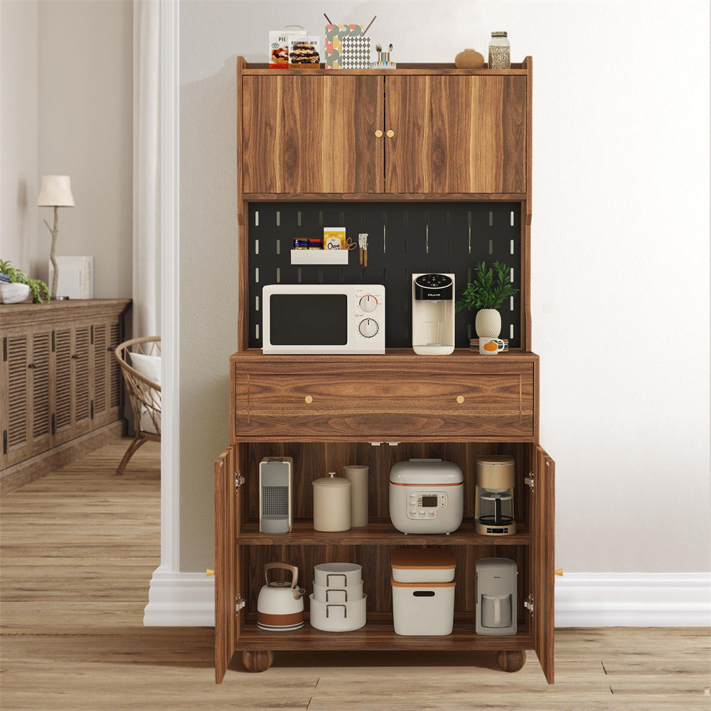 Walnut 63" Kitchen Pantry Cabinet Buffet Sideboard with Microwave Stand and Charging Station