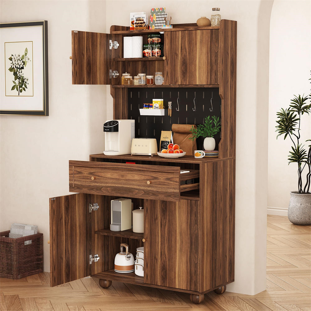 Walnut 63" Kitchen Pantry Cabinet Buffet Sideboard with Microwave Stand and Charging Station