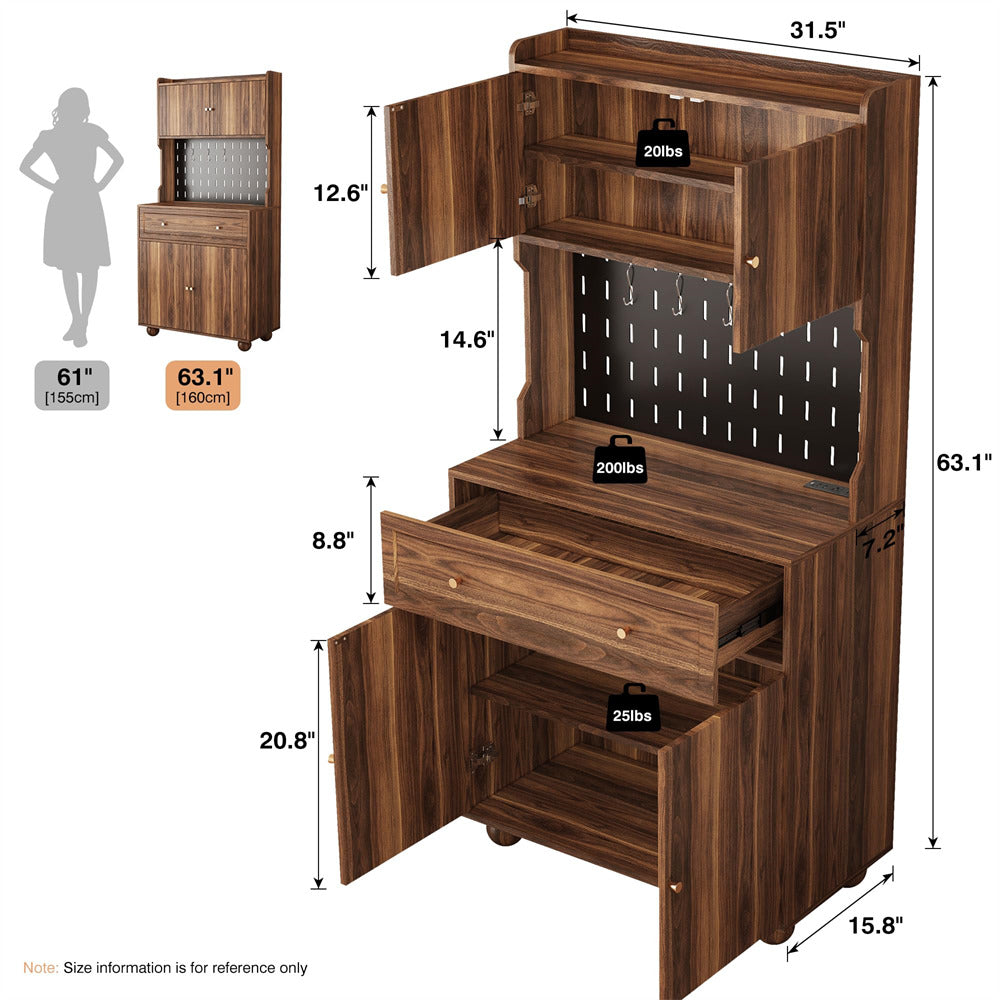 Walnut 63" Kitchen Pantry Cabinet Buffet Sideboard with Microwave Stand and Charging Station