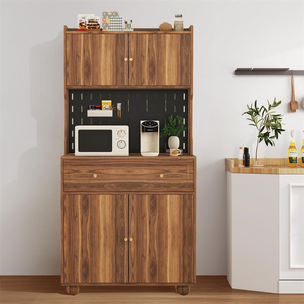 Walnut 63" Kitchen Pantry Cabinet Buffet Sideboard with Microwave Stand and Charging Station