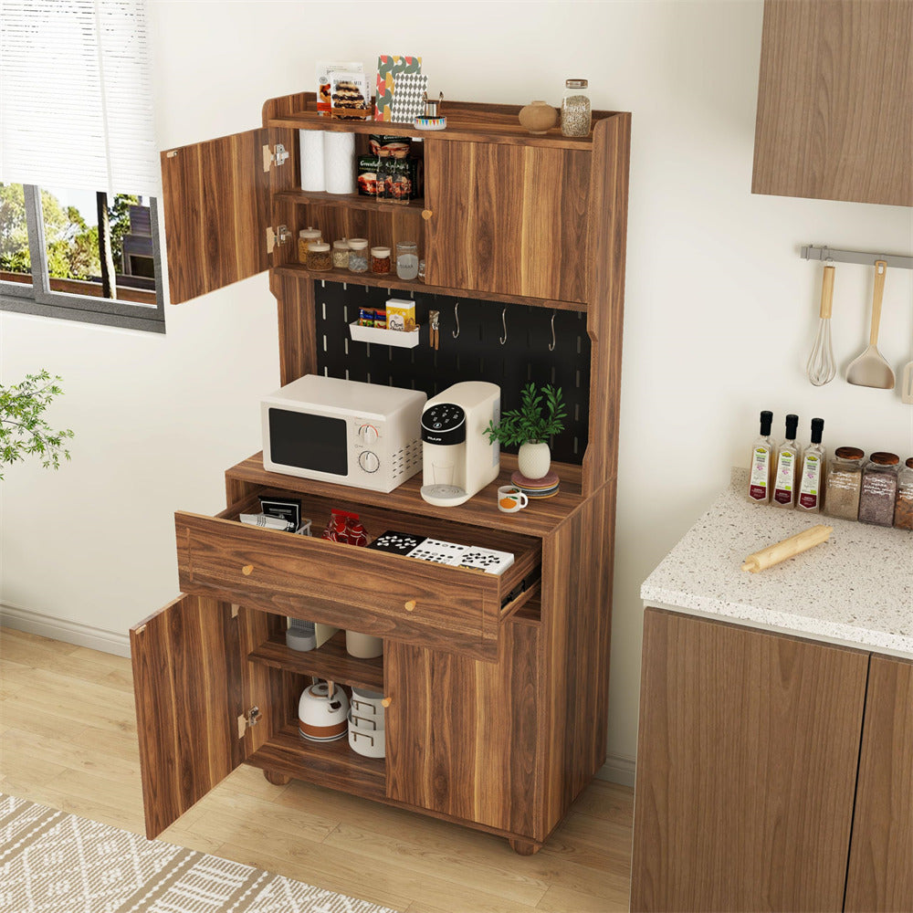 Walnut 63" Kitchen Pantry Cabinet Buffet Sideboard with Microwave Stand and Charging Station