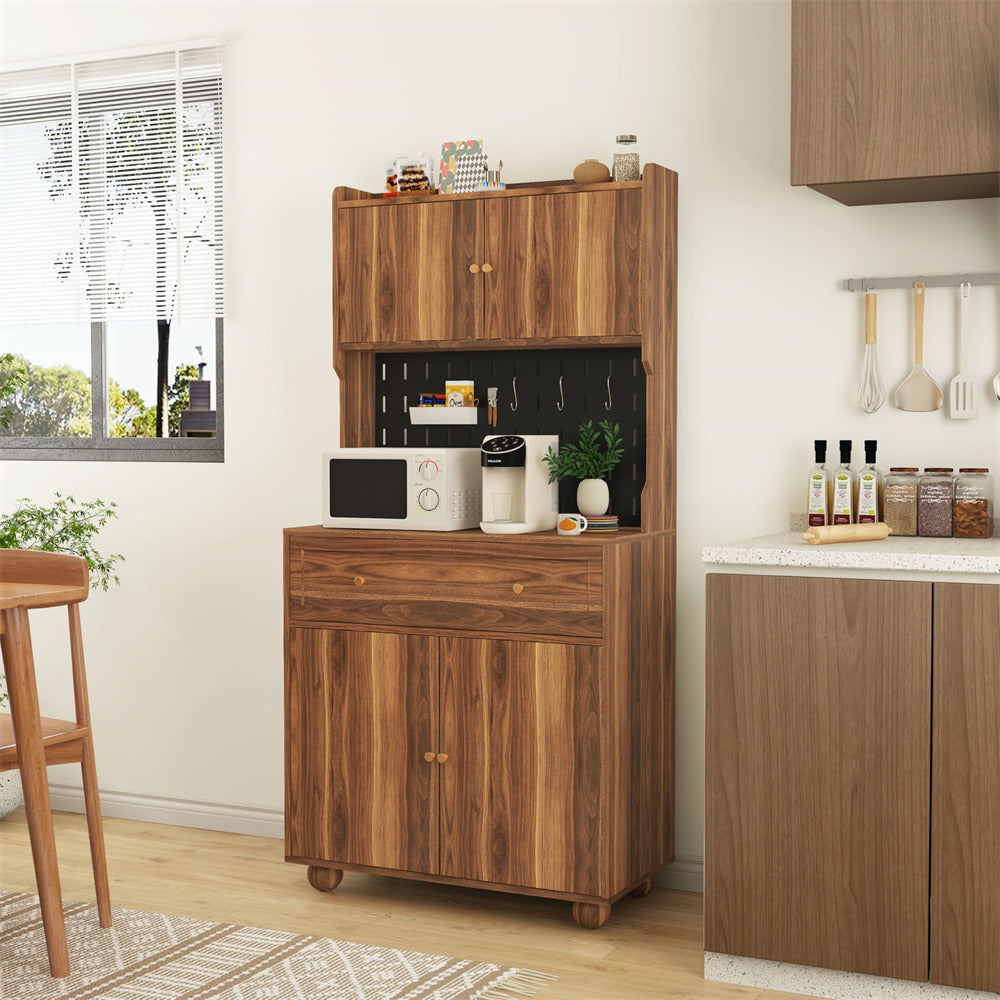 Walnut 63" Kitchen Pantry Cabinet Buffet Sideboard with Microwave Stand and Charging Station