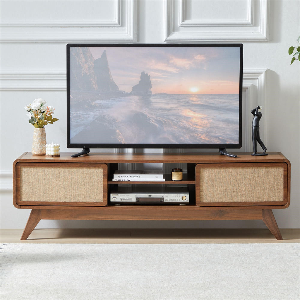 Walnut 65 Inch Boho Wooden TV Stand Modern Entertainment Center with Storage and Nature Linen Doors