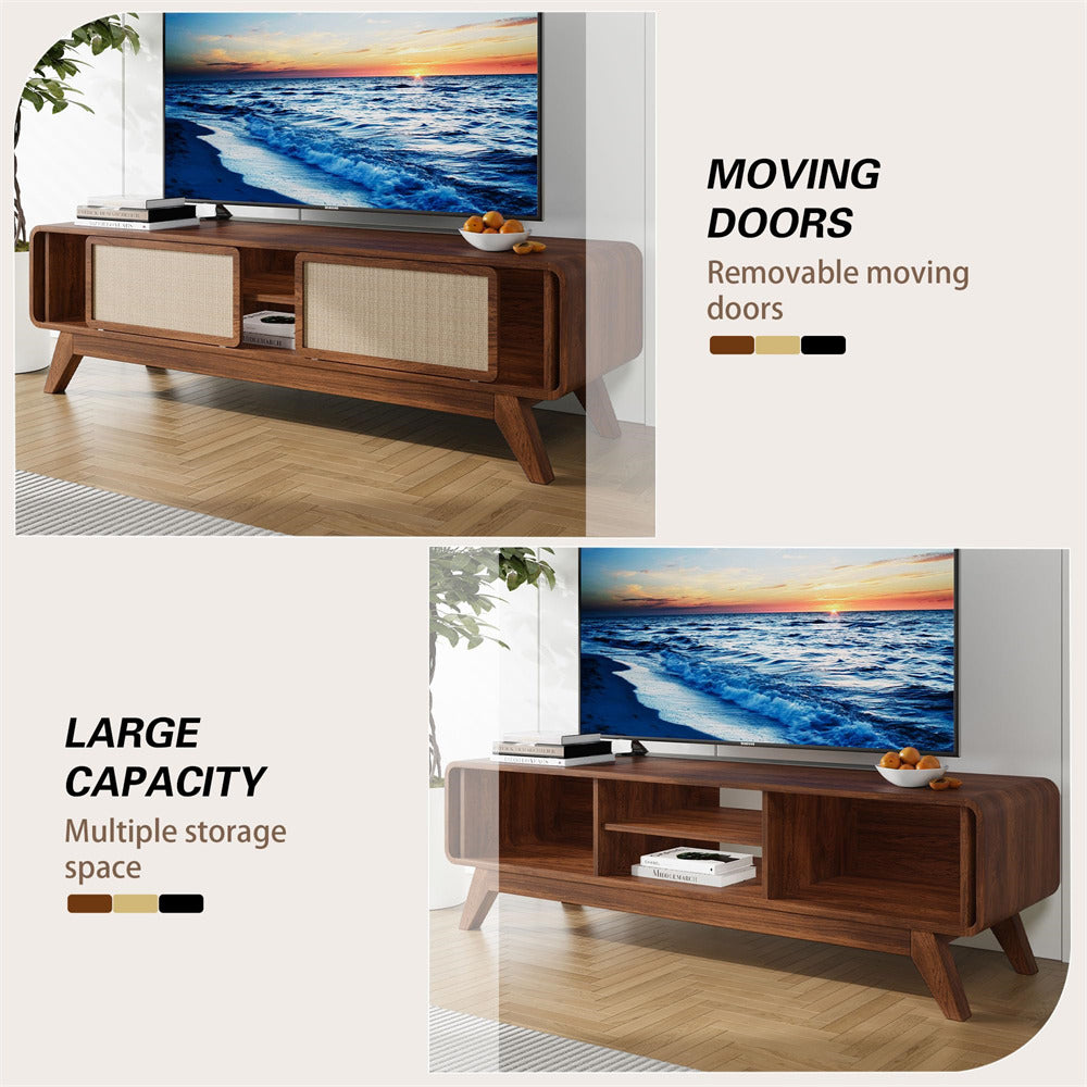 Walnut 65 Inch Boho Wooden TV Stand Modern Entertainment Center with Storage and Nature Linen Doors