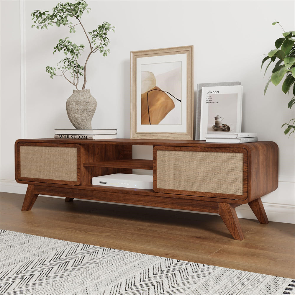 Walnut 65 Inch Boho Wooden TV Stand Modern Entertainment Center with Storage and Nature Linen Doors