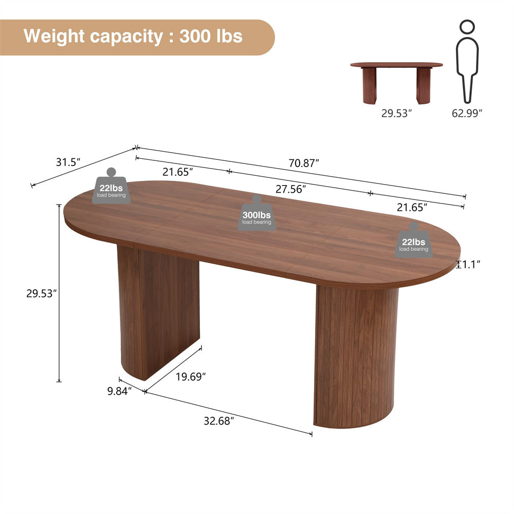 Walnut 70.8 Inch Modern Farmhouse Oval Kitchen Dining Table with Semi-Cylindrical Legs Base