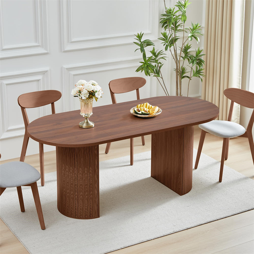 Walnut 70.8 Inch Modern Farmhouse Oval Kitchen Dining Table with Semi-Cylindrical Legs Base