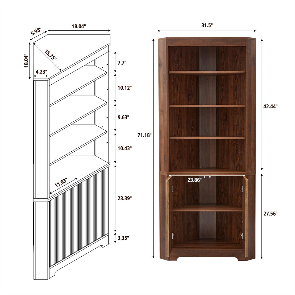 Walnut 71" 6-Tier Tall Corner Storage Cabinet with 2 Fluted Doors Size