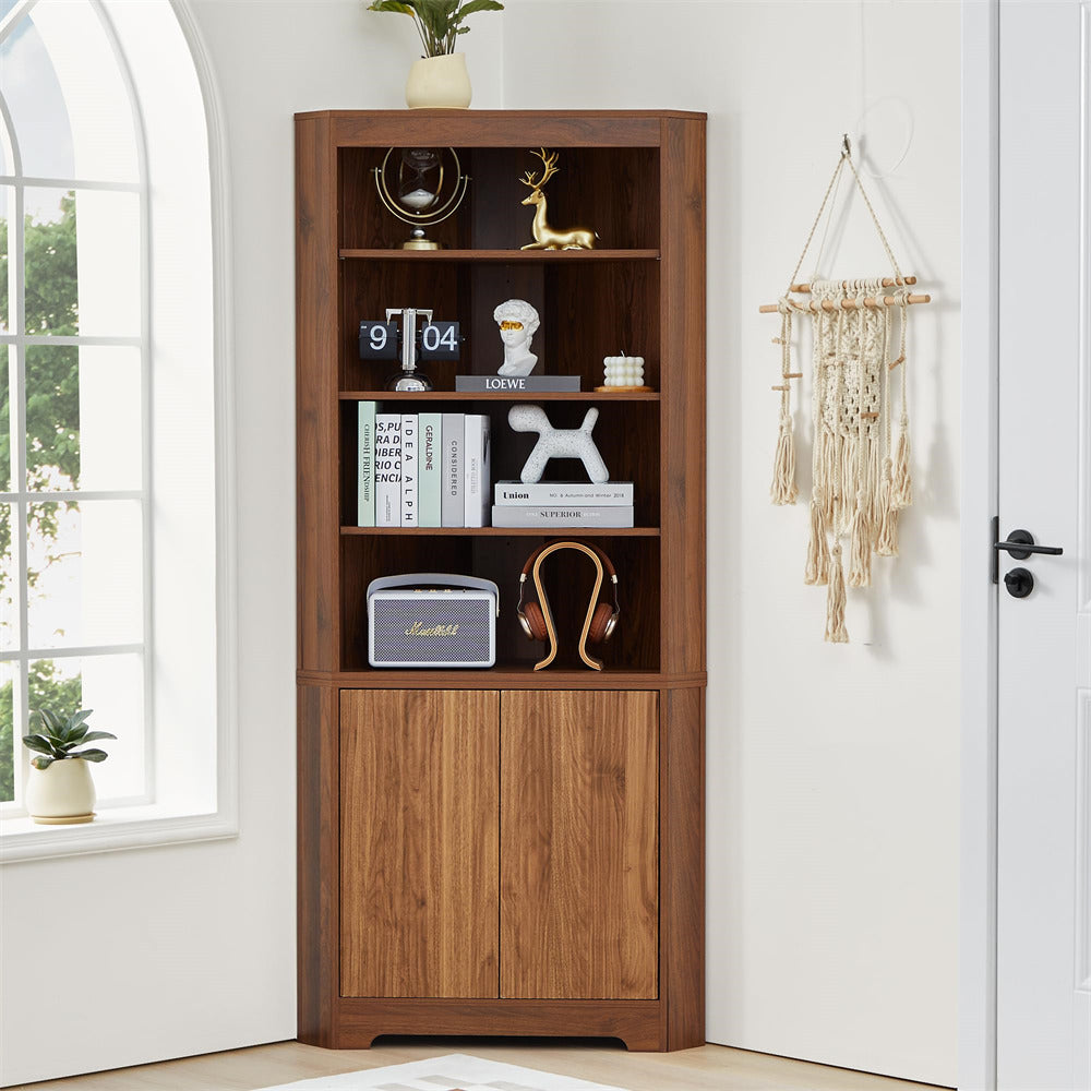 Walnut 71" 6-Tier Tall Corner Storage Cabinet with 2 Fluted Doors