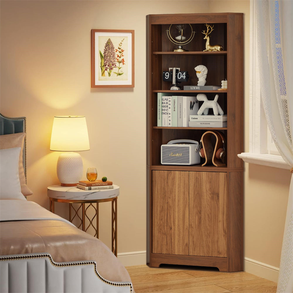 Walnut 71" 6-Tier Tall Corner Storage Cabinet with 2 Fluted Doors