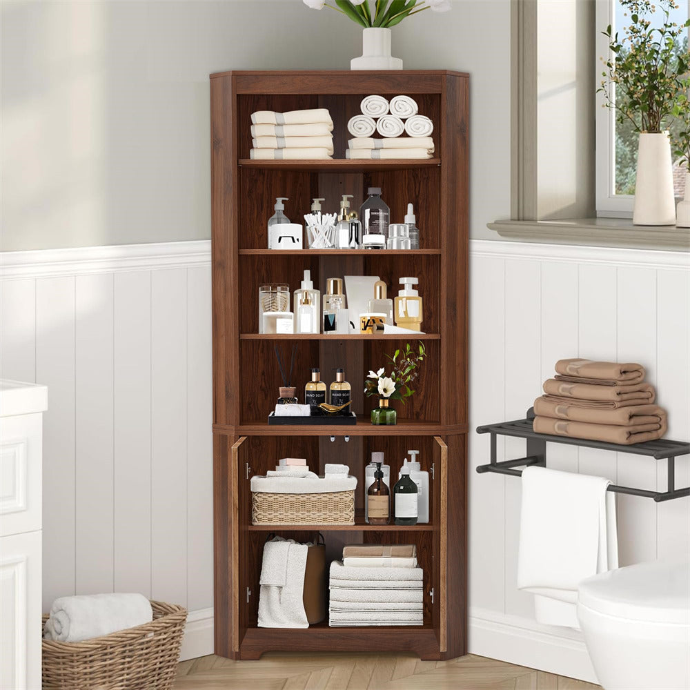 Walnut 71" 6-Tier Tall Corner Storage Cabinet with 2 Fluted Doors