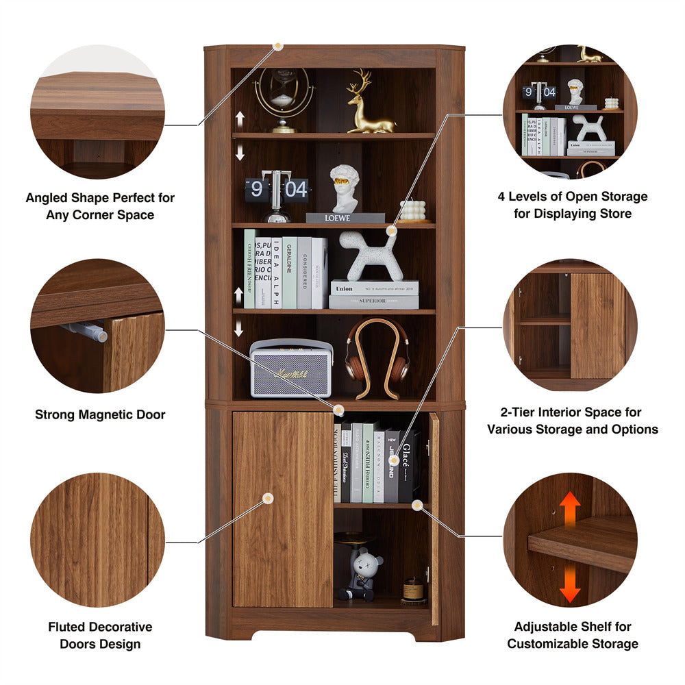 Walnut 71" 6-Tier Tall Corner Storage Cabinet with 2 Fluted Doors