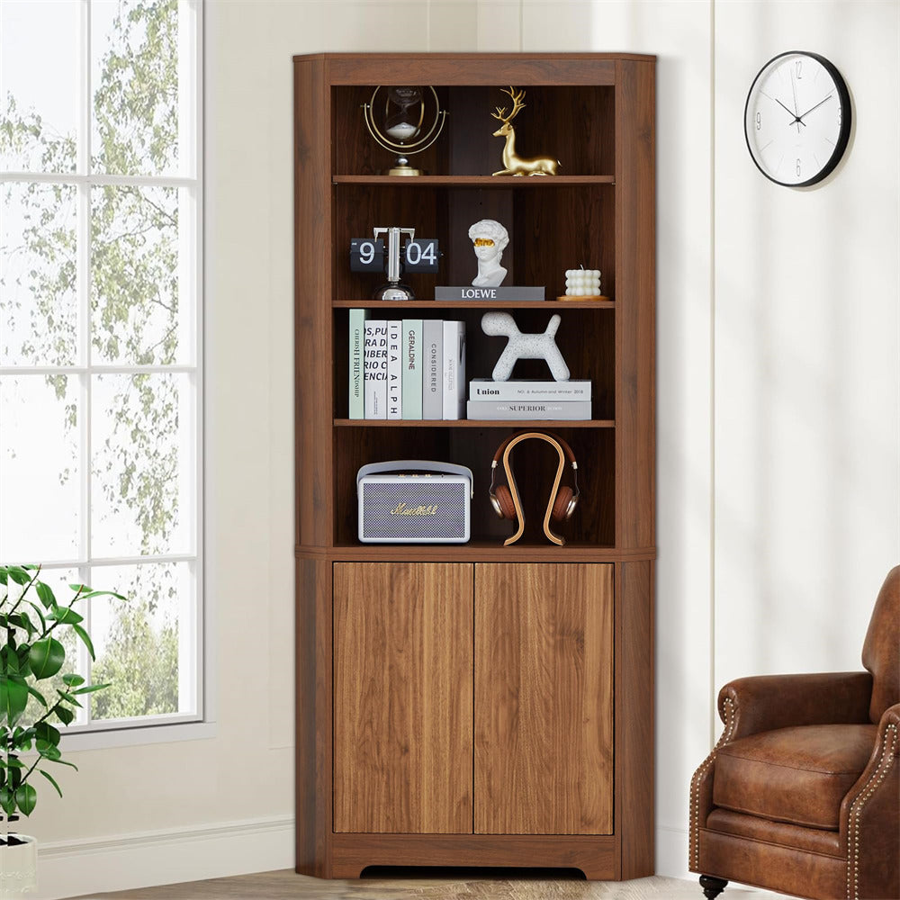 Walnut 71" 6-Tier Tall Corner Storage Cabinet with 2 Fluted Doors