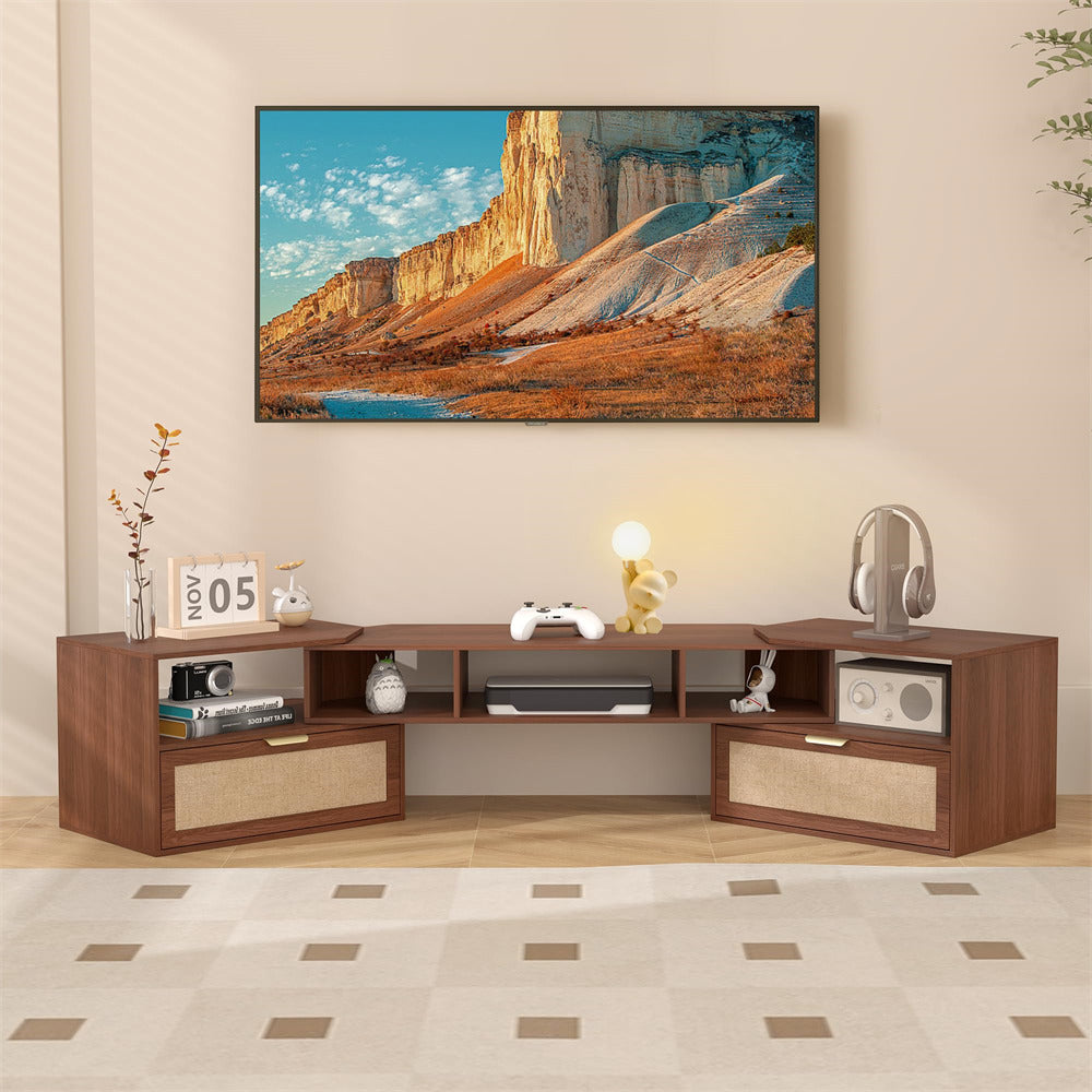 Walnut 79 Inch Boho TV Stand with 90° Rotating Cabinet Media Console for 50-70 Inch TVs