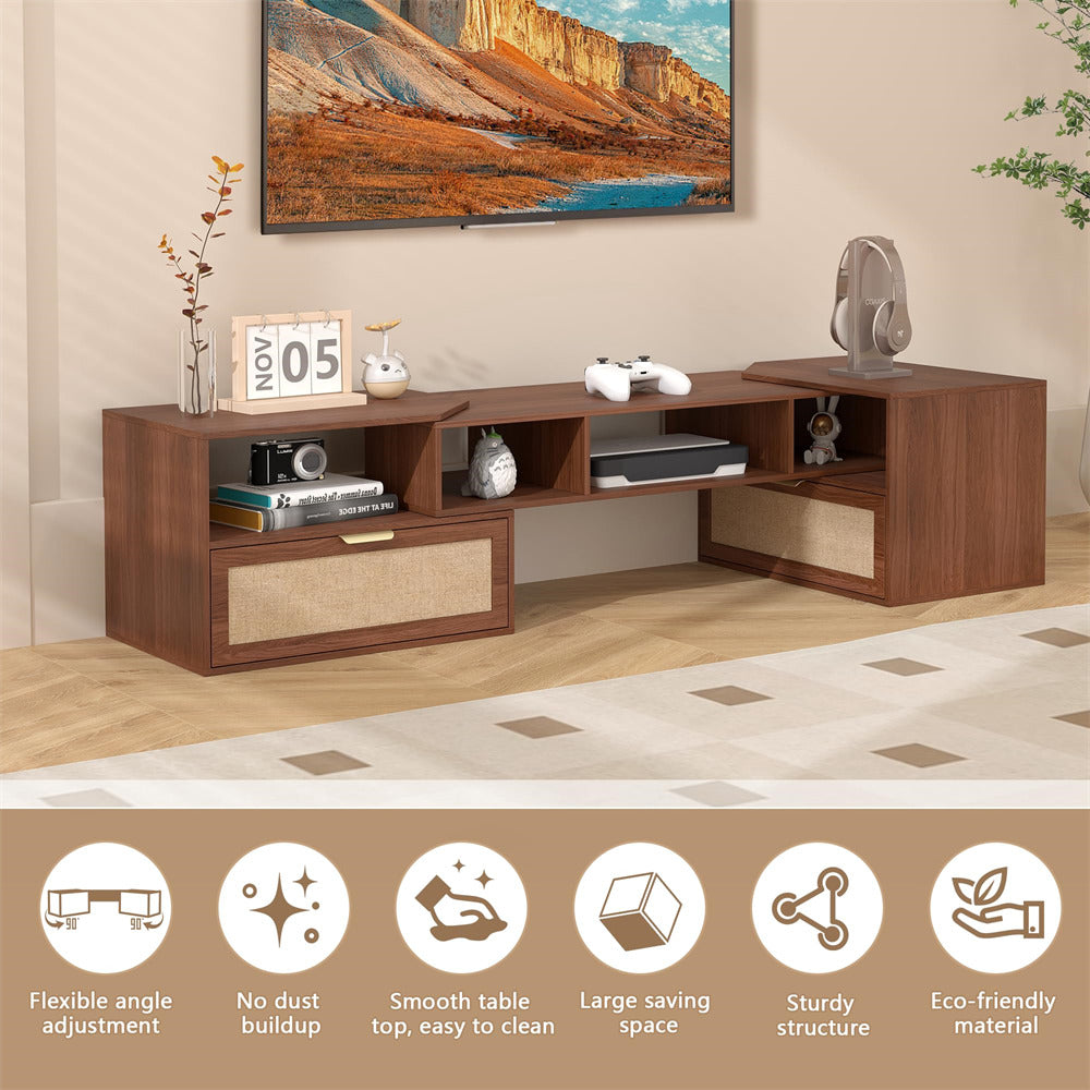 Walnut 79 Inch Boho TV Stand with 90° Rotating Cabinet Media Console for 50-70 Inch TVs